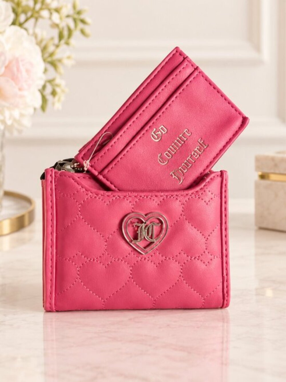 Juicy Couture Pink Heart Quilted Bifold Wallet & Cardholder Set NWT